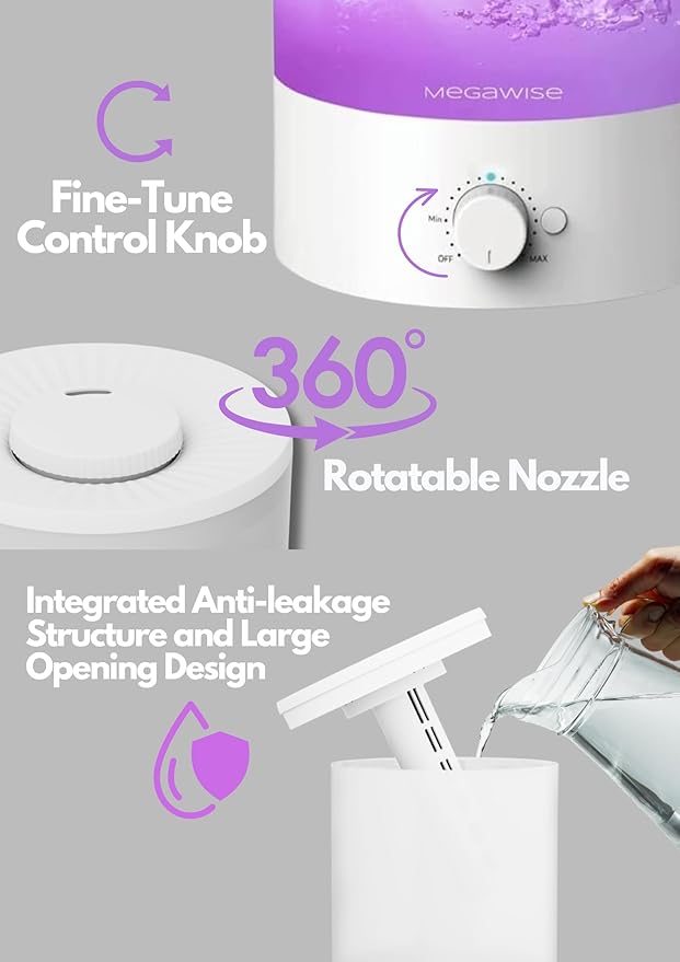 Megawise Cool Mist Humidifier with Top Refill Design, 2L Capacity, High Mist Output, No Leakage, and 7 Color Night Light