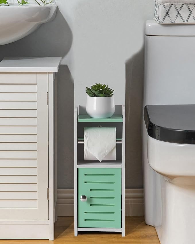 AOJEZOR Toilet Paper Holder Stand: Freestanding PVC Cabinet Storage for Small Bathroom Spaces for Homes and Renters-Mint Green