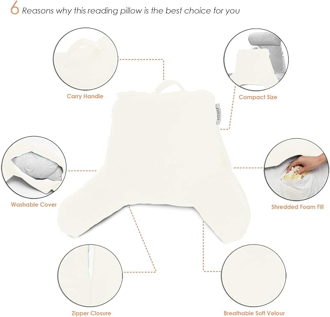 Nestl Reading Pillow with Shredded Memory Foam, Designed for Sitting Up in Bed and Couch, Back and Arms Adjustable Support for Adult & Teens Backrest Pillows for Reading, with Washable Cover Off White