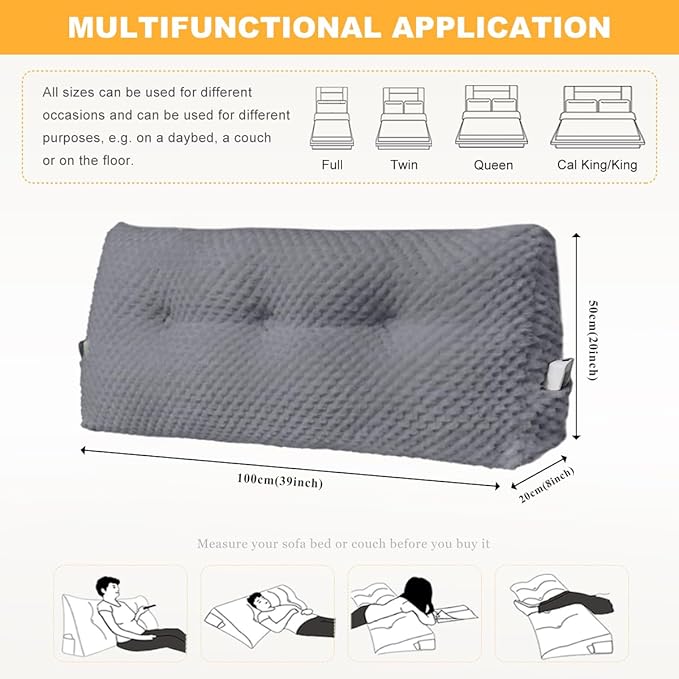 Large Triangular Headboard Wedge Pillow Soft and Supportive Headboard Backrest Positioning Support Bolster Cushion, Bed Wedge Pillow with Removable Cover(Dark Gray,Twin,39x8x20inch)