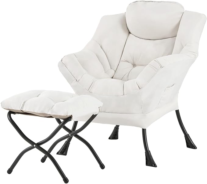 Tiita Lazy Chair with Ottoman, Modern Large Accent Lounge Armchair, Comfy Leisure Sofa Reading Chair with Footrest for Bedroom, Living Room, Dorm Rooms, Garden and Courtyard, Beige