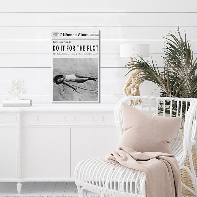 Vintage Women Times Do It for The Plot Wall Art Trendy Black and White Canvas Print Poster Vintage Woman Times Newspaper Prints Beachy Hot Girl Wall Decor for Bar Cart Girls Dorm Bedroom 16x24inch Framed