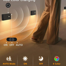 WILLED Stair Lights Indoor Rechargeable,RGB & Warm White Color Changing Night Light,Wireless Motion Sensor Lights Indoor for Stair,Bathroom,Hallway,Kitchen,Closet,Cabinet,Bedroom,Kids' Room