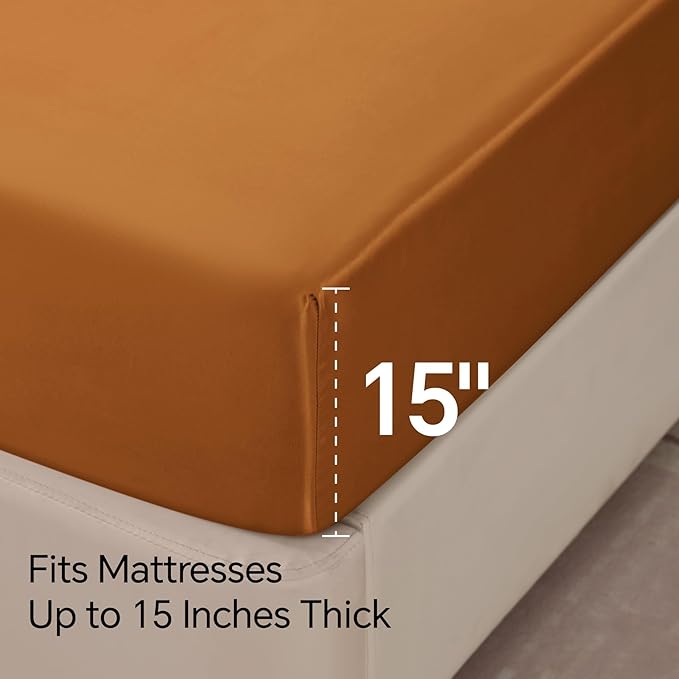BEDELITE California King Sheets Set, Luxury Soft Burnt Orange Satin Sheets for Hair and Skin, Similar to Silk Bed Sheets Set 4 Pieces with 1 Deep Pocket Fitted Sheet, 1 Flat Sheet, and 2 Pillowcases