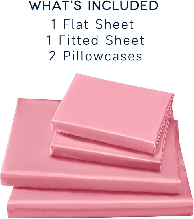 Satin Sheets Queen Size - 4 Pieces Luxury Silky Soft Bed Sheets, Wrinkle-Free Pink Satin Silk Sheet Set with 1 Deep Pocket Fitted Sheet, 1 Flat Sheet, 2 Pillow Cases