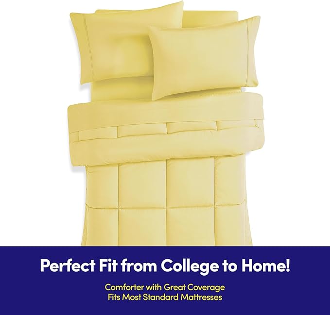 Dorm Room Essentials College Bedding Comforter Set 5 Piece Twin XL Size Bed in a Bag for College Students Boys and Girls, Twin XL, Yellow