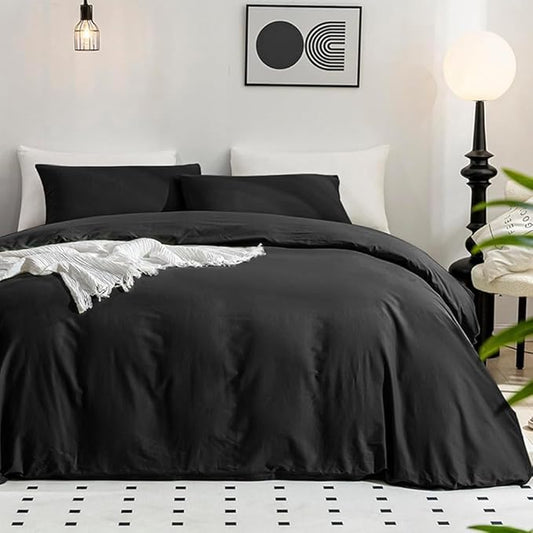 JELLYMONI Cotton Duvet Cover King Size - 100% Washed Cotton Linen Like Textured Comforter Cover, 3 Pieces Breathable Soft Bedding Set with Zipper Closure (Black, King 104"x90")