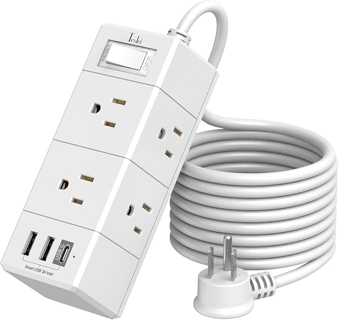 10Ft Extension Cord Flat Plug Power Strip - Tcstei 3-Side Outlet Extender with 6 AC Outlets and 3 USB Ports (1 USB C), Compact for Home, Office, Dorm Room Essentials, White