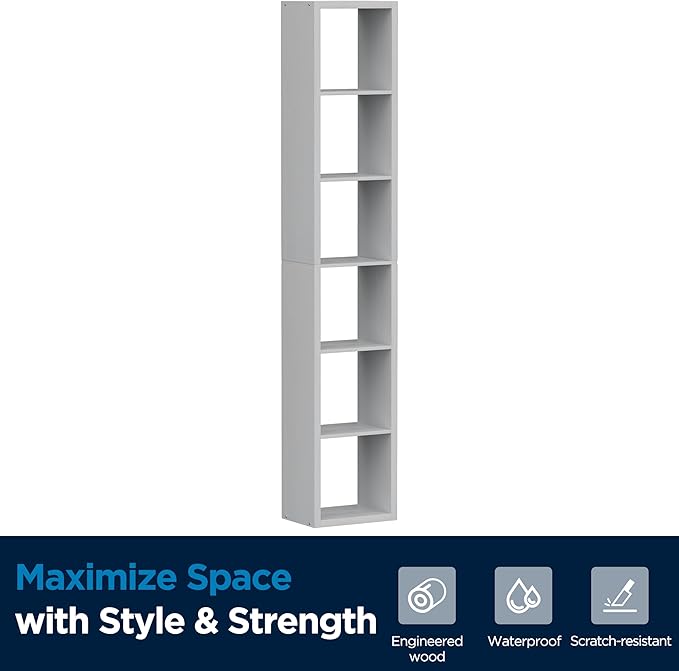6 Cube Storage Organizer Single Row, Cube Shelf with Heavy-Duty Thick Boards, 13.31" L x 9.37" W x 72.36" H, Smooth Easy-Clean Panels, Simple Assembly, for Living Room Bedroom Office, White