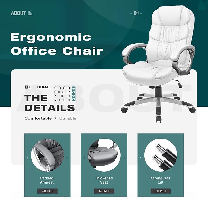 GUNJI Office Chair PU Leather High Back Executive Chair Ergonomic Computer Chair, Modern Adjustable Home Desk Chair Swivel Managerial Chair with Padded Armrests and Lumbar Support (White)