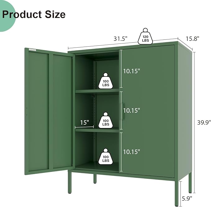 Green Metal Cabinet，Bathroom Floor Storage Cabinet,40"H Small Cabinets With Doors,2 Door Metal Towel Freestanding Cabinet For Small Spaces,Two Door Hallway Short Cupboard,Low Cabinet For Living Room