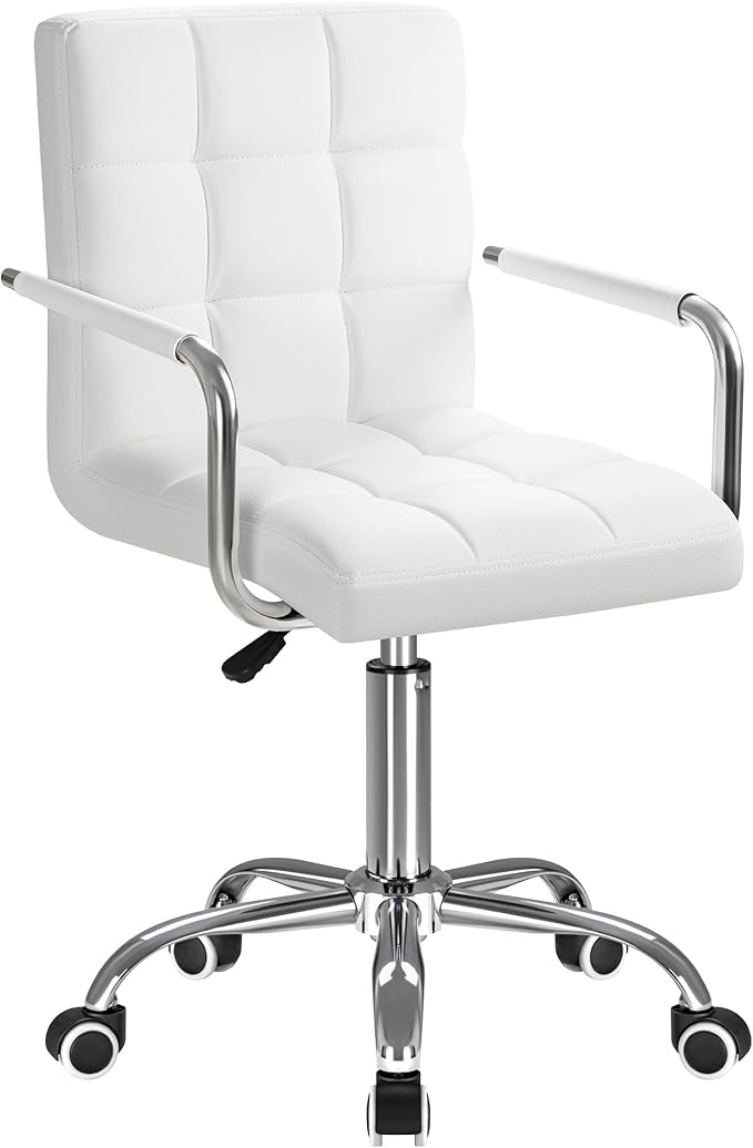 Furmax Mid-Back Office Task Chair Ribbed PU Leather Executive Chair Modern Adjustable Home Desk Retro Comfortable Work Chair 360 Degree Swivel with Arms (White)