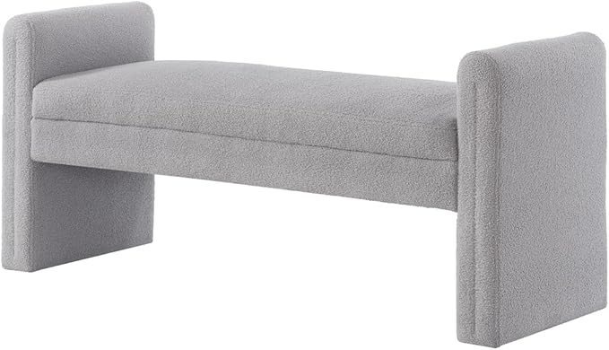 24KF Modern Upholstered Bed Bench Covered with Soft Boucle Teddy Fabric, Lovely Entryway Bench Ottoman with Armrest,5062-Gray