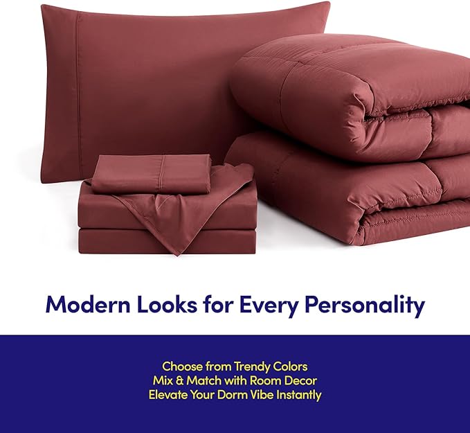 Dorm Room Essentials College Bedding Comforter Set 7 Piece Full Size Bed in a Bag for College Students Boys and Girls, Full, Burgundy