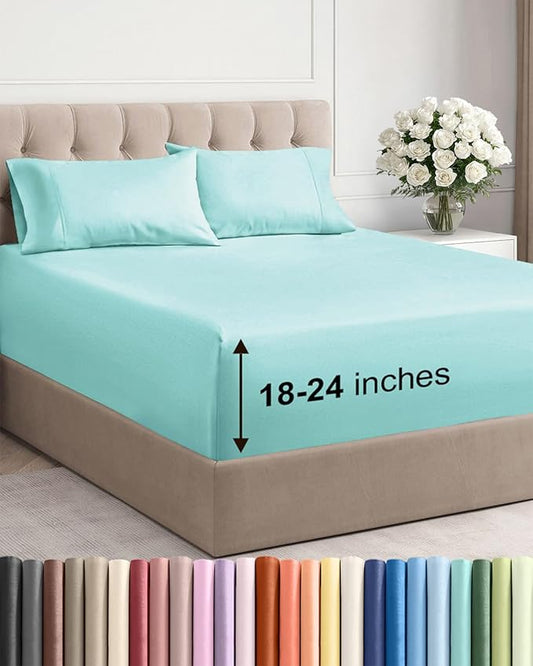 Extra Deep Pocket Queen Sheet Set - 4 Piece Breathable & Cooling Bed Sheets - Hotel Luxury Sheet Set - Soft, Wrinkle Free and Comfy - Easily Fits Extra Deep Mattresses - Deep Pocket Spa Blue Sheets