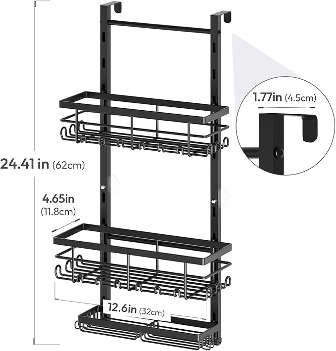 SWTYMIKI Over The Door Shower Caddy - 3 Tier Rustproof Hanging Shower Organizer with Adjustable Shelves, 28 Hooks & Soap Holder, Hanging Shower Rack Storage for Bathroom Accessories, Black