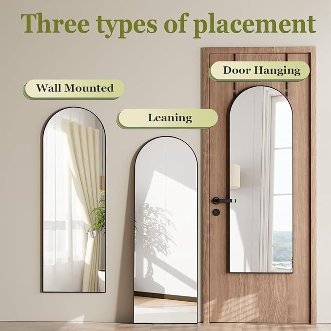 BEAUTYPEAK 14" x 48" Adjustable Height Over The Door Mirror, Arch Full Length Hanging Door Mirror with Shatterproof Tempered Glass Aluminum Alloy Frame for Bedroom, Living Room, Bathroom, Dorm, Black