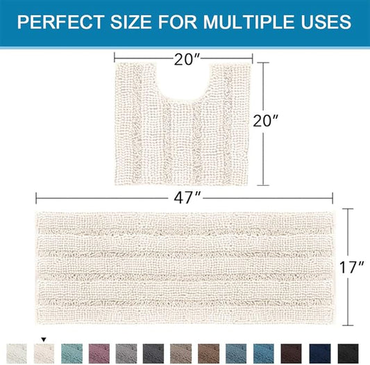 H.VERSAILTEX Bathroom Rugs Bath Rug Set 2 Piece Bathroom Contour Rug Toilet Mat Sets Non Slip Contour Bath Rug Ultra Thick Water Absorbent Striped Bath Mats Washable(47" x 17" Plus 20" x 20" U, Ivory)