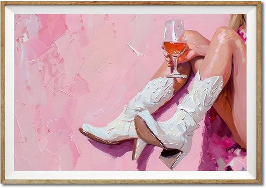 Cowgirl Boots Wall Art Coastal Cowgirl Room Decor Aesthetic Cowboy Boots with Wine Glass Poster Modern Pink Wall Decor Art Print Poster Pink Cowgirl Wall Art for Western Aesthetic UNFRAMED 16 X 24 in
