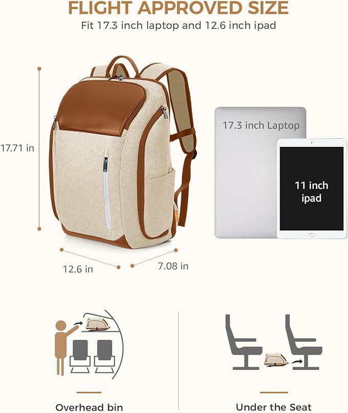 17 Inch Laptop Backpack for Men, Business Travel Anti-Theft Backpack with USB Charging Port, Water Resistant Computer Bag Carry On Flight Approved for Work College Weekender, Beige