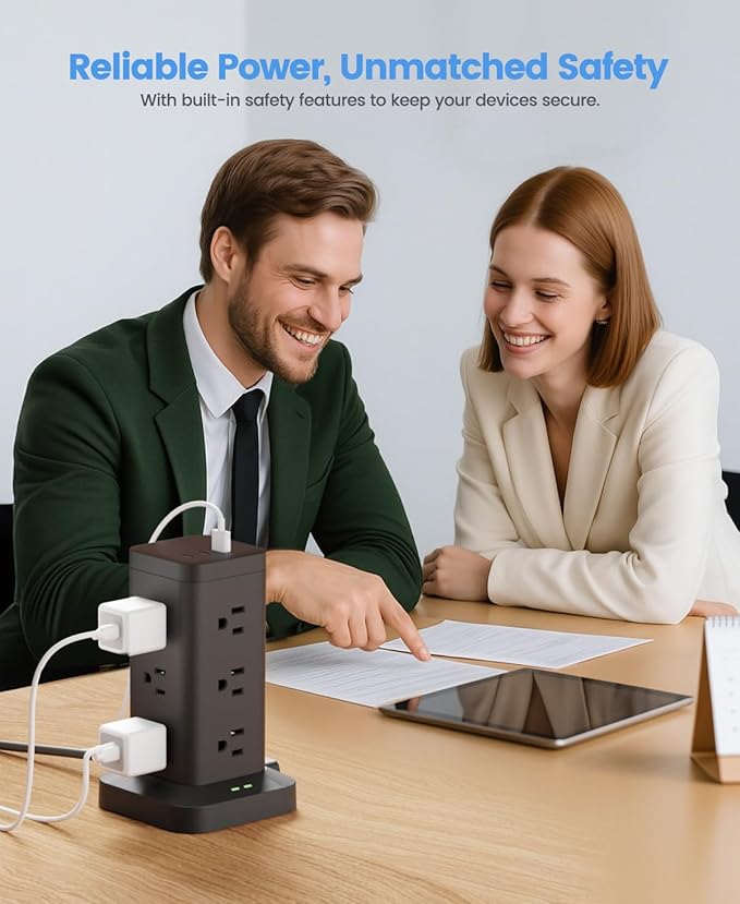 15-in-1 Power Strip Tower with Surge Protector 1800J, Fast Charging Tower PD20W USB-C Ports with 12 AC Outlets, 9.8ft Extension Cord for Home Office Dorm Room, Black
