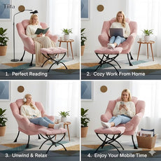 Tiita Lazy Chair with Ottoman, Modern Large Accent Lounge Armchair, Comfy Leisure Sofa Reading Chair with Footrest for Bedroom, Living Room, Dorm Rooms, Garden and Courtyard, Velvet Pink