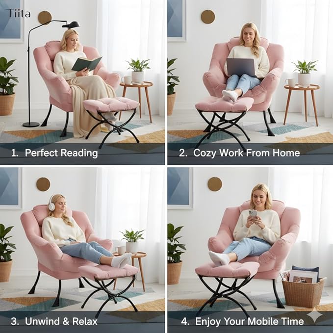 Tiita Lazy Chair with Ottoman, Modern Large Accent Lounge Armchair, Comfy Leisure Sofa Reading Chair with Footrest for Bedroom, Living Room, Dorm Rooms, Garden and Courtyard, Velvet Pink