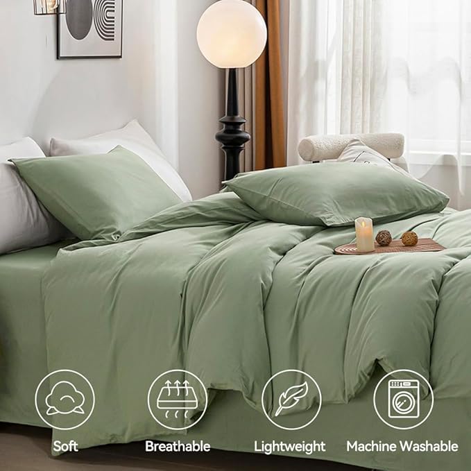 JELLYMONI Light Green Duvet Cover Full Size - 100% Washed Cotton Linen Like Textured Comforter Cover, 3 Pieces Breathable Soft Bedding Set with Zipper Closure (Light Green, Full 80"x90")