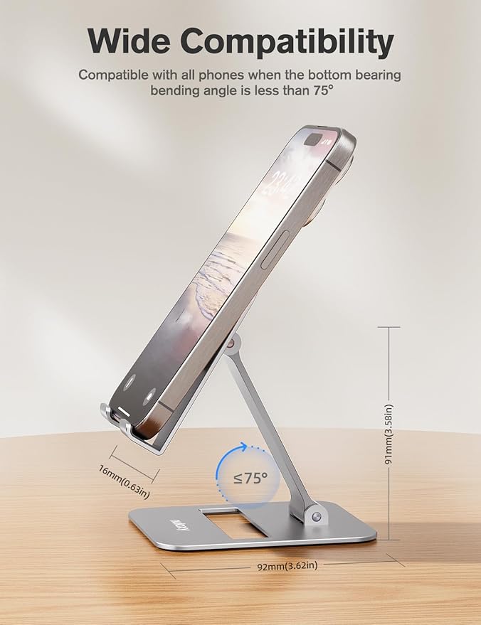 Nulaxy 2 Pack Dual Folding Cell Phone Stand, Fully Adjustable Phone Holder for Desk, Compatible with iPhone 16 15 14 13 12 11, Nintendo Switch, All Phones, Silver