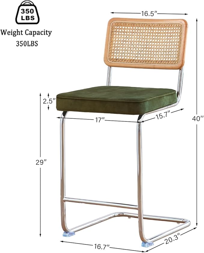 Natural Rattan Bar Stools Set of 2 with Solid Wood Back, 29 Inch Mid Century Modern Counter Height Stools, Green Upholstery Boho Stool for Kitchen Counter with Chrome Metal Legs