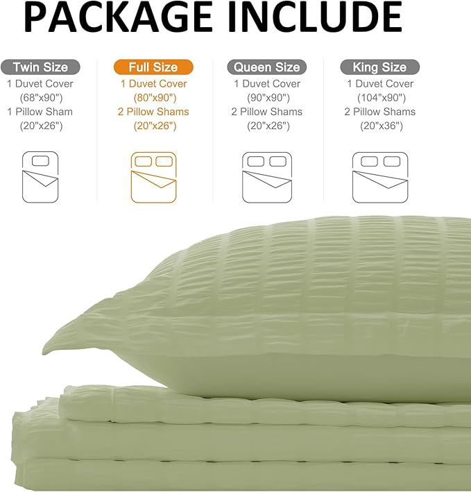 Cozyide Green Duvet Cover Full Size, 3 Pieces Bedding Duvet Covers, Soft Breathable Seersucker Duvet Cover Set with Zipper Closure and Corner Ties (1 Duvet Cover 80"x90" + 2 Pillow Shams 20"x26")