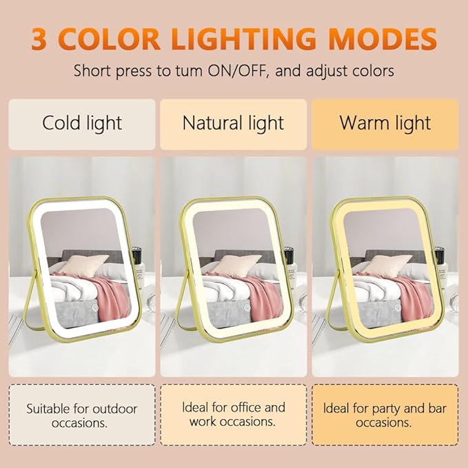Gold Vanity Mirror with Lights,10"x8" Rechargeable LED Lighted Makeup Mirror, Large Makeup Mirror with Lights, Touch Screen with 3-Color Lighting, Dimmable, for Vanity Desk Tabletop, Bedroom
