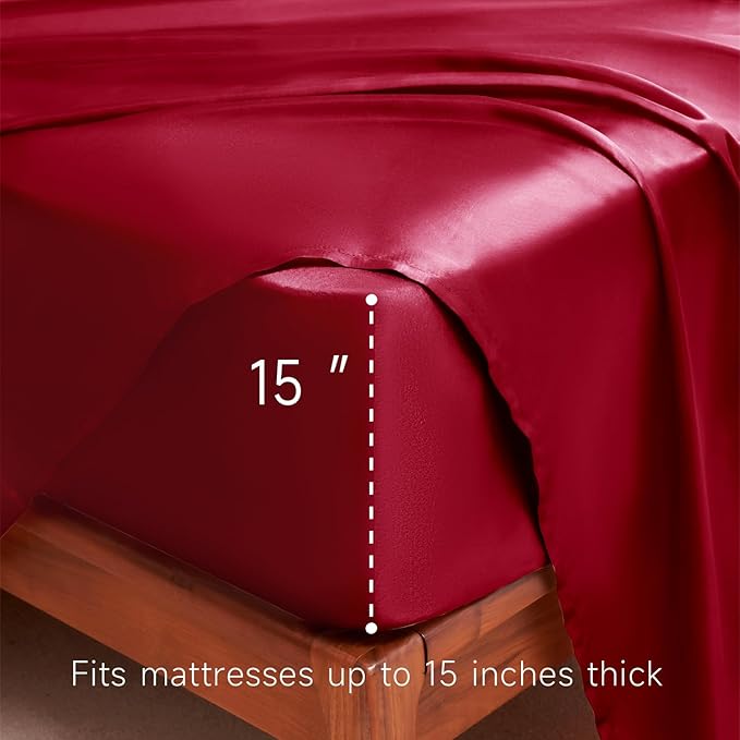 Satin Sheets California King Size - 4 Pieces Luxury Silky Soft Bed Sheets, Wrinkle-Free Burgundy Satin Silk Sheet Set with 1 Deep Pocket Fitted Sheet, 1 Flat Sheet, 2 Pillow Cases
