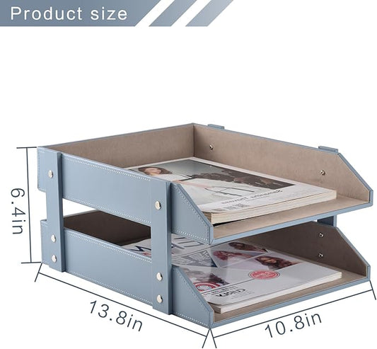 Leather Desk Letter Tray,Office Supplies Paper Organizer for Mail Paper Files Magazines Jewelry Cosmetics,Fashion Letter Holder& 2-Tier Multipurpos Stackable Office Desktop Storage Box,Grey