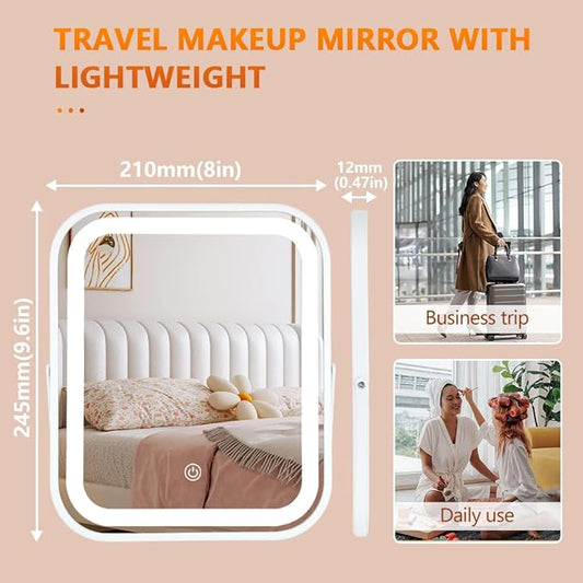 Rechargeable Vanity Mirror with Lights,8x10 Inch 3 Color Lighting Portable Makeup Mirror with Touch Screen Adjustable LED Lights,Desk Mirror for Travel, Home