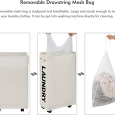 DOKEHOM 29-Inches Enlarged Slim Laundry Basket with Removable Wash Bag on Wheels, Collapsible Rolling Laundry Hamper, Foldable Narrow Corner Clothes Storage Bins (Beige)