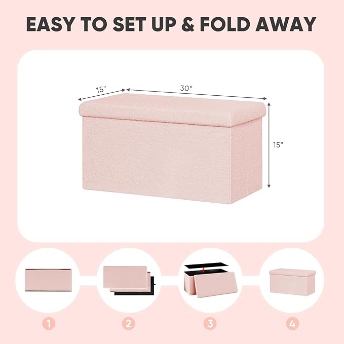 PINPLUS Folding Storage Ottoman Bench, Sherpa Ottoman with Storage, Large Long Shoes Bench Chest with Lid, Footrest for Living Room, Entryway, Pink 30'' x 15'' x 15''
