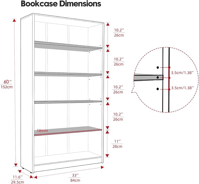 Farini 60 Inch Tall Bookcase,5 Shelf Bookshelves,Adjustable Bookshelf for Home Office,Black