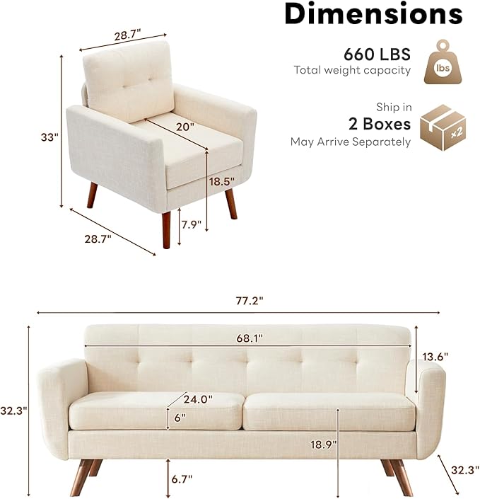 Tbfit Mid Century Modern Sofa Couch, Beige, Standard Sofa & Accent Chair