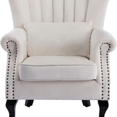Mid Century Accent Chair Modern Tufted Wingback Armchairs Club Chair Velvet Fabric Single Sofa Reading Chair with Pillow for Living Room, Cream