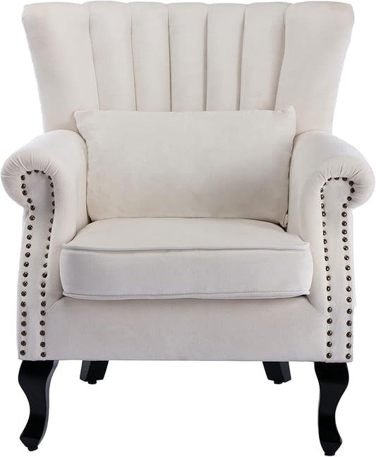Mid Century Accent Chair Modern Tufted Wingback Armchairs Club Chair Velvet Fabric Single Sofa Reading Chair with Pillow for Living Room, Cream