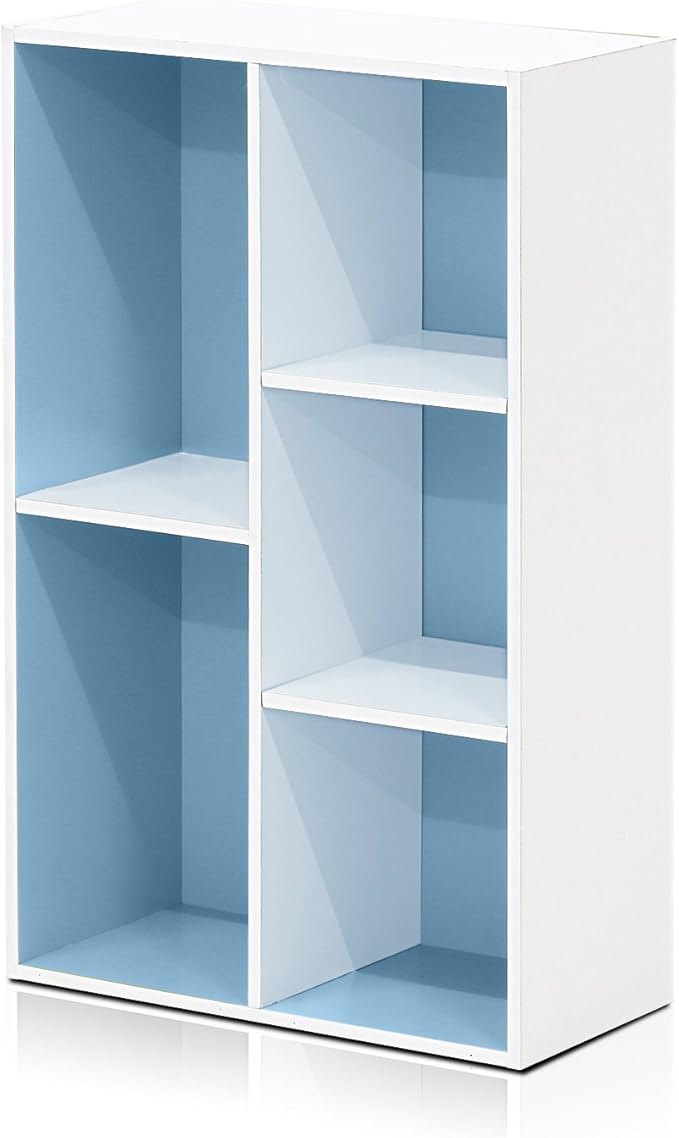 Furinno LUDER Book Shelf, 5-Cube Bookshelf, Reversible Bookcase, 9.4 x 19.5 x 31.5, for Living Room, Bedroom, Home Office, White/Light Blue