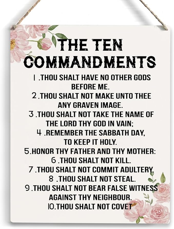 YCYD Ten Commandments Decor,10 Commandments Desk Poster, Christian Bible Verse Decor Religious Home Rustic Wooden Box Sign for Living Room Bedroom Office 10 x 8 Inches flower