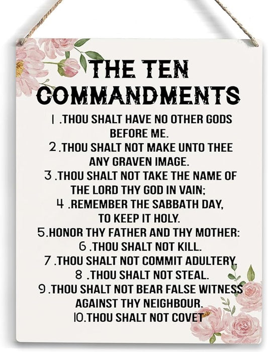 YCYD Ten Commandments Decor,10 Commandments Desk Poster, Christian Bible Verse Decor Religious Home Rustic Wooden Box Sign for Living Room Bedroom Office 10 x 8 Inches flower