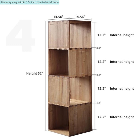 Solid Wood Corner Shelf, Square Bookcase Cube Tower, Stationary Shelves - Sturdy Freestanding Organizer for Beside TV Stand&Room Corners, Storage Display for Small Spaces, Rustic Brown, 4-Tier
