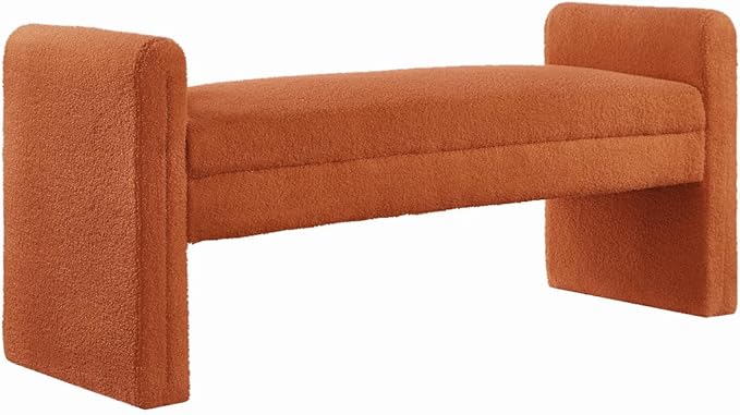 24KF Modern Upholstered Bed Bench Covered with Soft Boucle Teddy Fabric, Lovely Entryway Bench Ottoman with Armrest, 5062-Orange