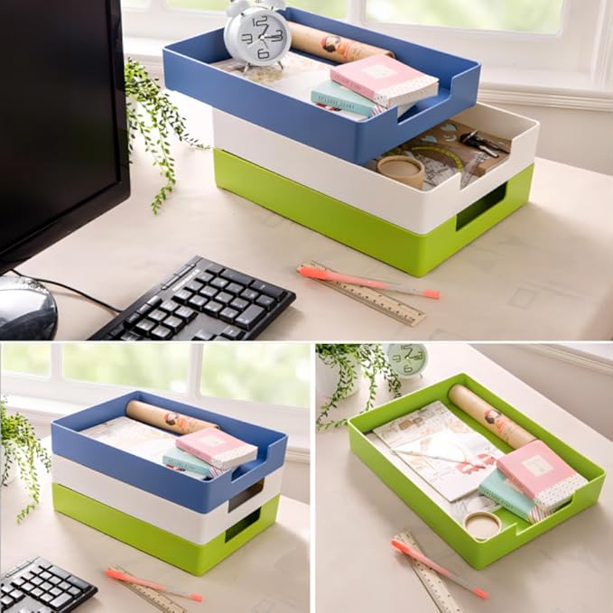 Letter-Size Tray, 2 PCS A4 Plastic Stackable Paper Tray, Desk Drawer Organizer for Office, School, Home Storage, and Storage Containers for Christmas Ornaments, Gift Wrap (2X Blue)