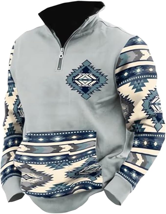Western Sweatshirts for Men Aztec Cowboy Vintage Graphic Fleece Hoodie Mens Quarter Zip Pullover Country Jacket