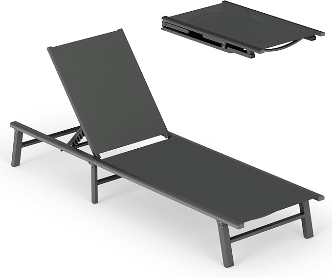 Ciokea Upgraded Aluminum Outdoor Lounge Chair - No Assembly Needed, Foldable Patio Chaise Lounge with 5 Adjustable Positions, Reinforced Frame for Extra Durability, Pool Beach Lounge Chair, Grey