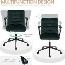 Velvet Home Office Desk Chair, Upholstered Adjustable Swivel Task Chair with Wheels, Tufted Mid-Back Computer Chair with Arms, for Study Living Room Vanity (Dark Green, Black Base)